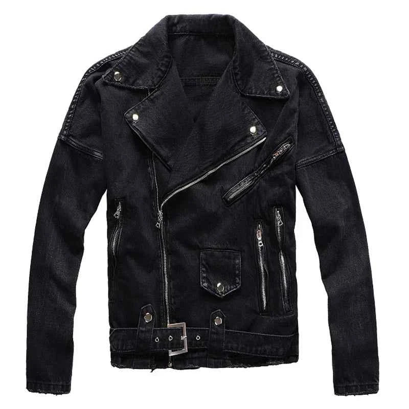Sokotoo Mens Black Zippers Biker Jean Jacket Streetwear Thick Denim Slim Coat With Belt High Quality