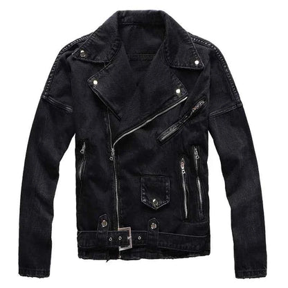 Sokotoo Mens Black Zippers Biker Jean Jacket Streetwear Thick Denim Slim Coat With Belt High Quality