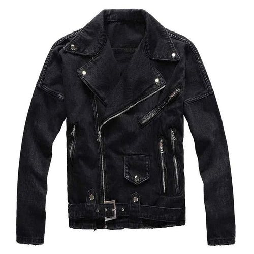 Sokotoo Mens Black Zippers Biker Jean Jacket Streetwear Thick Denim Slim Coat With Belt High Quality