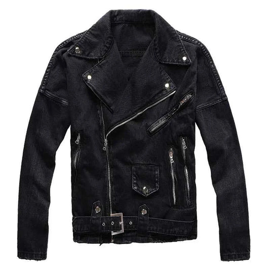 Sokotoo Mens Black Zippers Biker Jean Jacket Streetwear Thick Denim Slim Coat With Belt High Quality