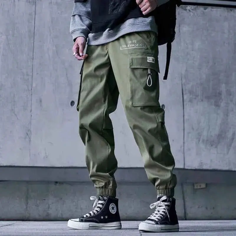 Men Cargo Joggers With Ribbons Pockets Harajuku Streetwear Sweatpants Hip Hop Trousers