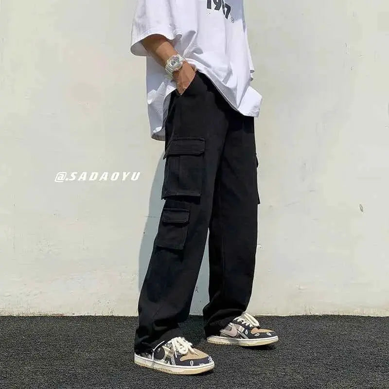 Men Black White Cargo Pants Loose Wide Leg Streetwear Hip Hop Casual Trousers Everyday Style
