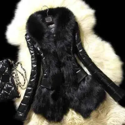 PU Leather Faux Fur Coat For Women With Black Faux Fur Collar Casual Fluffy Jacket 2021