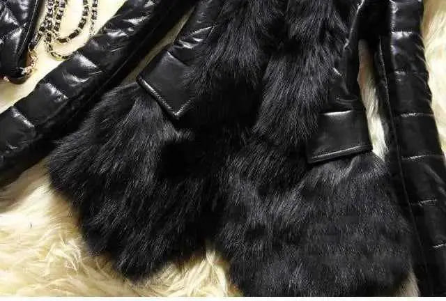 PU Leather Faux Fur Coat For Women With Black Faux Fur Collar Casual Fluffy Jacket 2021