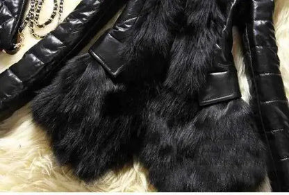 PU Leather Faux Fur Coat For Women With Black Faux Fur Collar Casual Fluffy Jacket 2021