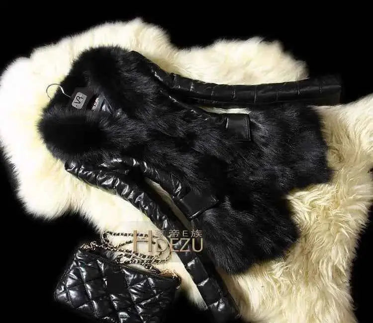 PU Leather Faux Fur Coat For Women With Black Faux Fur Collar Casual Fluffy Jacket 2021