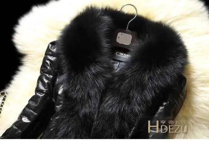 PU Leather Faux Fur Coat For Women With Black Faux Fur Collar Casual Fluffy Jacket 2021