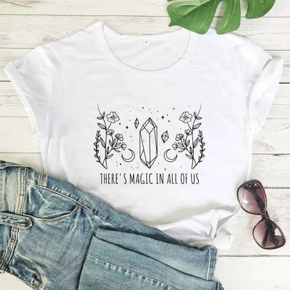 There Is Magic In All Of Us T Shirt Aesthetic Crystal Moon Wiccan Graphic Tee For Women Vintage Short Sleeve Witch Top