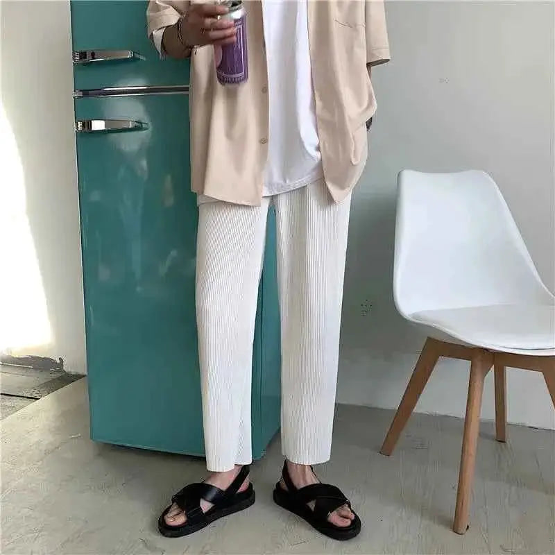 Pleated Men Asian Size Summer Casual Wide Leg Ice Silk Pants Loose Japanese Streetwear Trousers