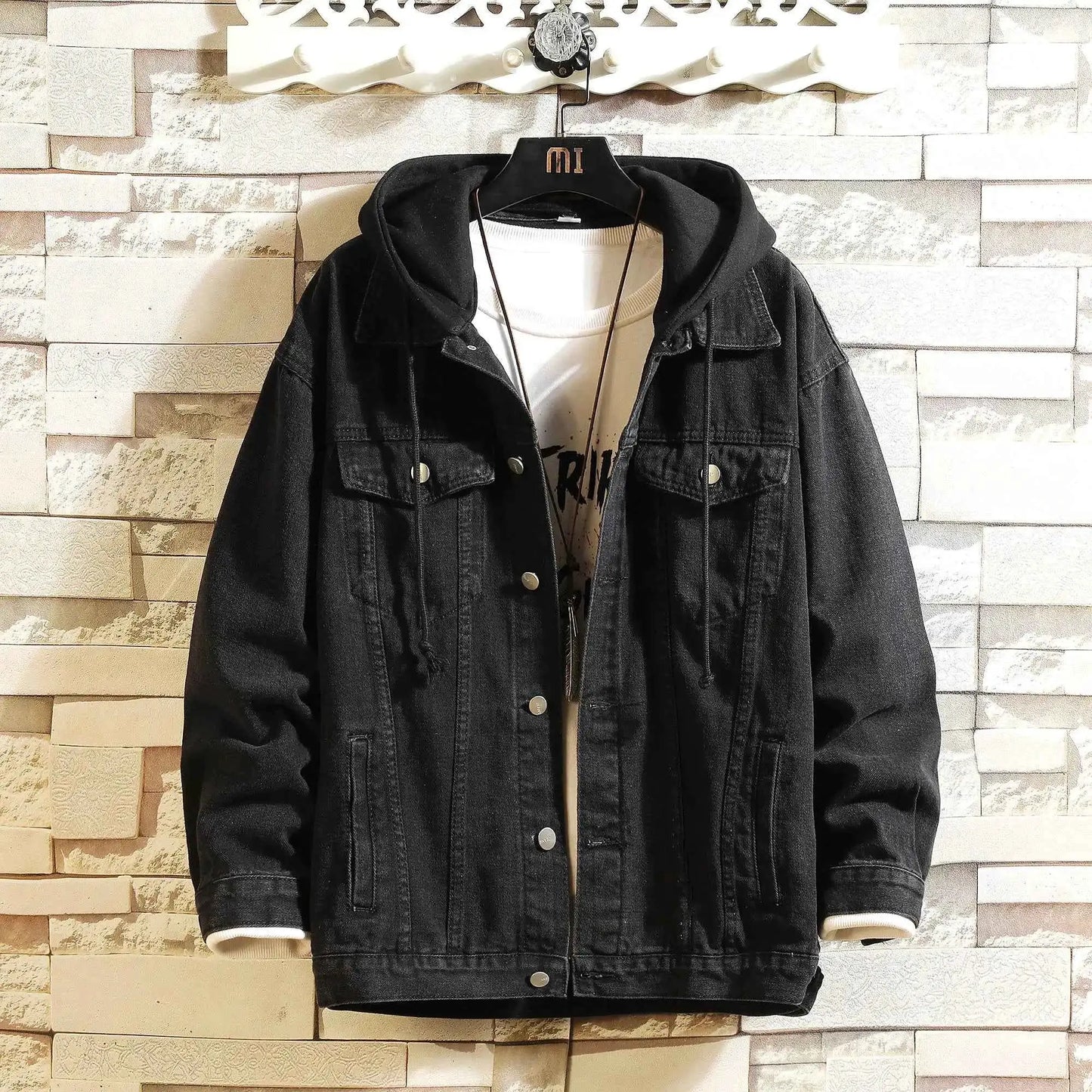 Mens Hooded Denim Jacket Casual Streetwear Solid Color Turn Down Collar Detachable Hood Jeans Coat