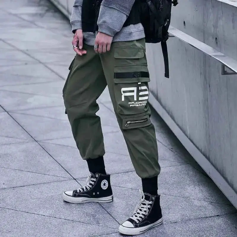 Men Cargo Joggers With Ribbons Pockets Harajuku Streetwear Sweatpants Hip Hop Trousers