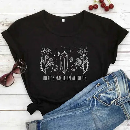 There Is Magic In All Of Us T Shirt Aesthetic Crystal Moon Wiccan Graphic Tee For Women Vintage Short Sleeve Witch Top
