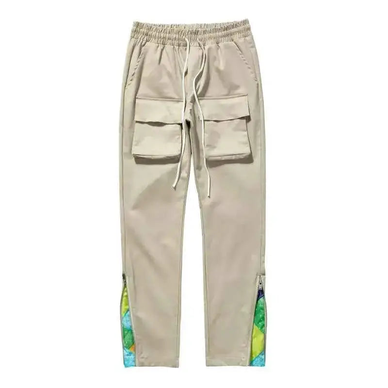 Streetwear Patchwork Cargo Pants Men Cashew Flower Print Y2K Hip Hop Slim Fit with Side Zip Pockets
