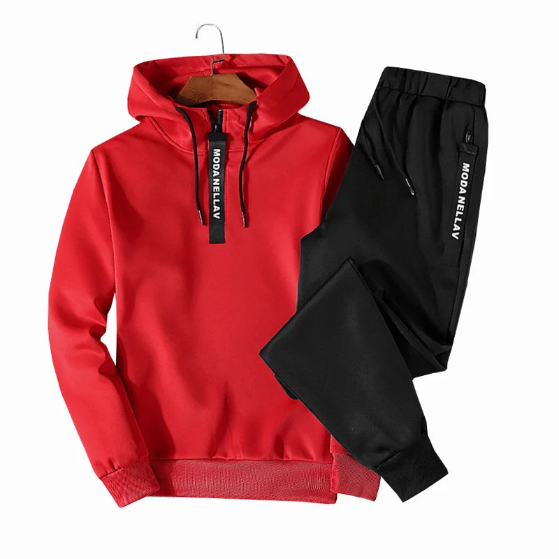 Men's red hooded tracksuit set lifestyle styling shot, Y2K streetwear autumn winter fashion at TeenStylo