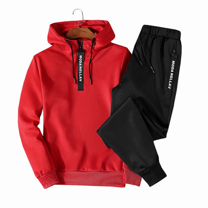 Men's red hooded tracksuit set lifestyle styling shot, Y2K streetwear autumn winter fashion at TeenStylo