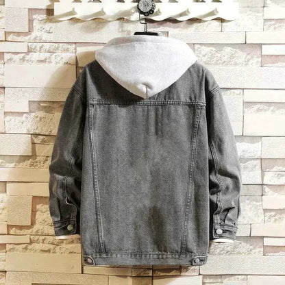 Mens Hooded Denim Jacket Casual Streetwear Solid Color Turn Down Collar Detachable Hood Jeans Coat