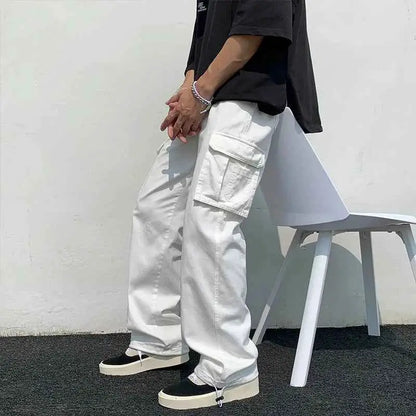 Men Black White Cargo Pants Loose Wide Leg Streetwear Hip Hop Casual Trousers Everyday Style