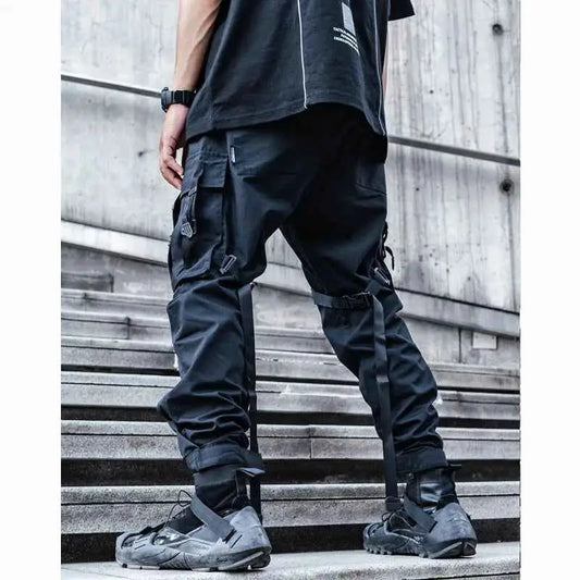Tactical Functional Cargo Pants For Men With Ribbon Design Black Multi Pocket Techwear Joggers Streetwear Trousers WB351