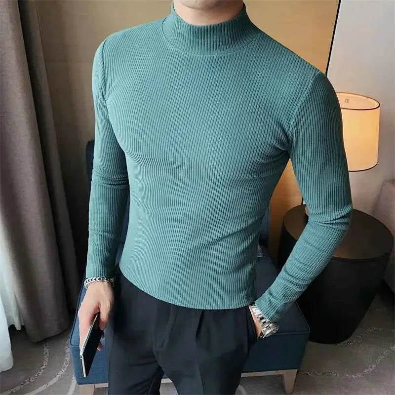 Mens Turtleneck Long Sleeve T Shirt Autumn Winter Slim Fit Casual Striped High Quality Top