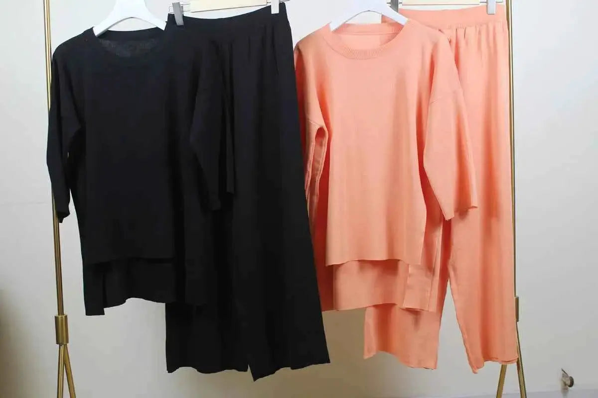 Summer Tracksuit Women Two Piece Set Side Slit Knitwear Casual Knitted Outfit 2024