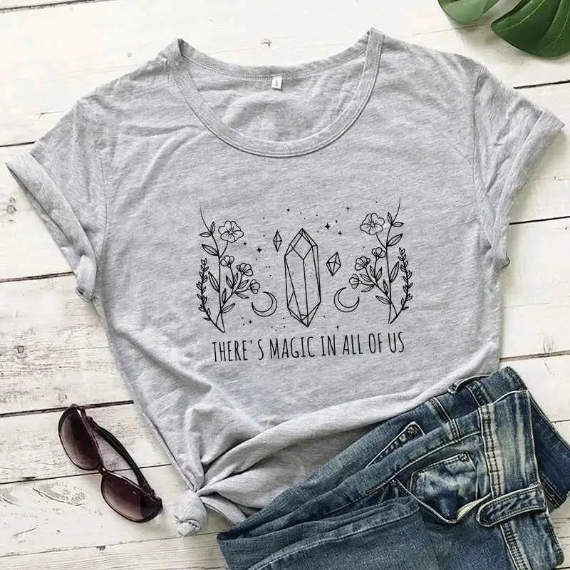 There Is Magic In All Of Us T Shirt Aesthetic Crystal Moon Wiccan Graphic Tee For Women Vintage Short Sleeve Witch Top