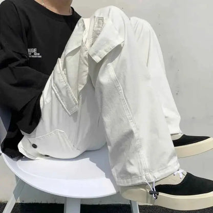 Men Black White Cargo Pants Loose Wide Leg Streetwear Hip Hop Casual Trousers Everyday Style