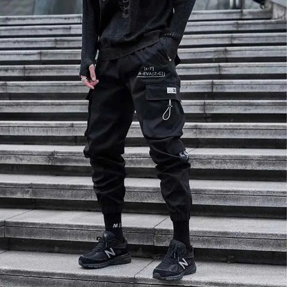 Men Cargo Joggers With Ribbons Pockets Harajuku Streetwear Sweatpants Hip Hop Trousers