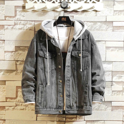 Mens Hooded Denim Jacket Casual Streetwear Solid Color Turn Down Collar Detachable Hood Jeans Coat