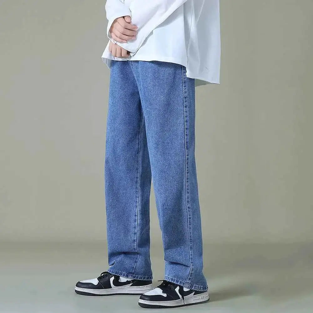 Streetwear Mens Blue Wide Leg Jeans Autumn Korean Style Fashion Straight Baggy Denim Pants For Teens
