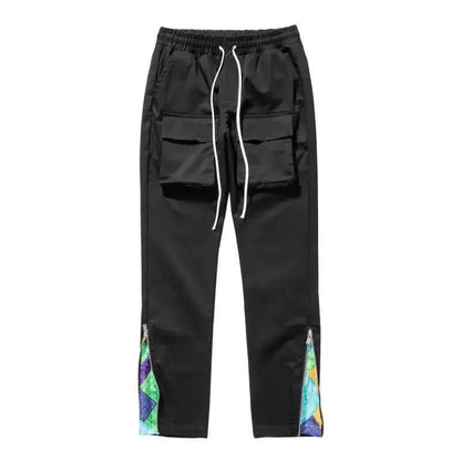 Streetwear Patchwork Cargo Pants Men Cashew Flower Print Y2K Hip Hop Slim Fit with Side Zip Pockets