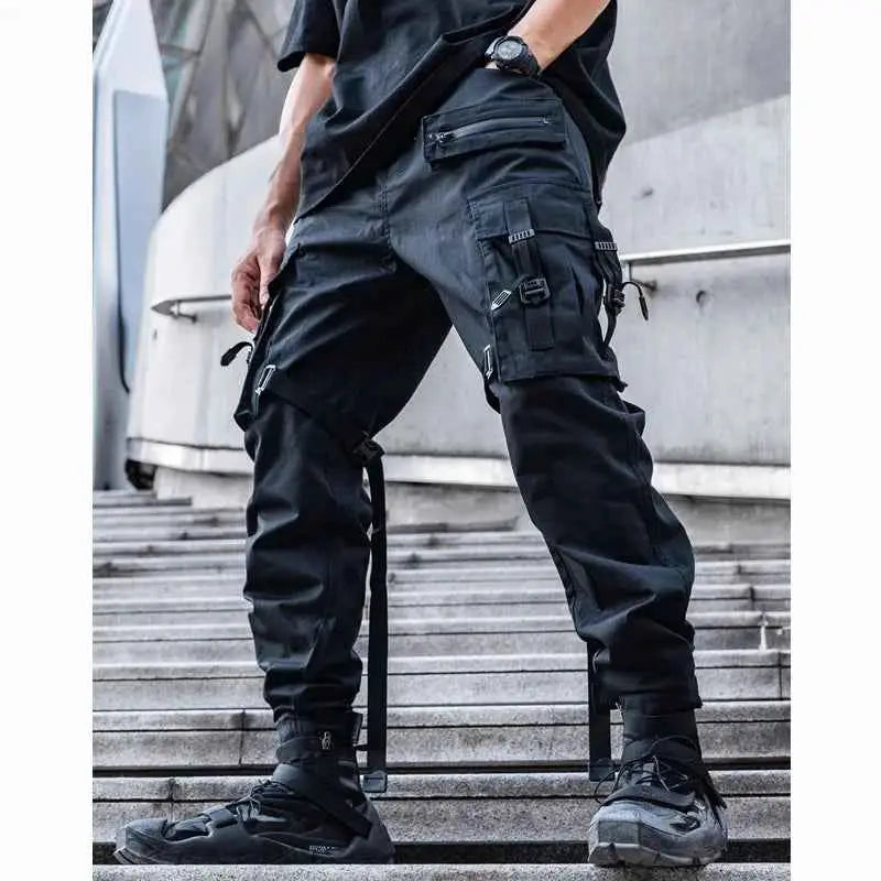 Tactical Functional Cargo Pants For Men With Ribbon Design Black Multi Pocket Techwear Joggers Streetwear Trousers WB351