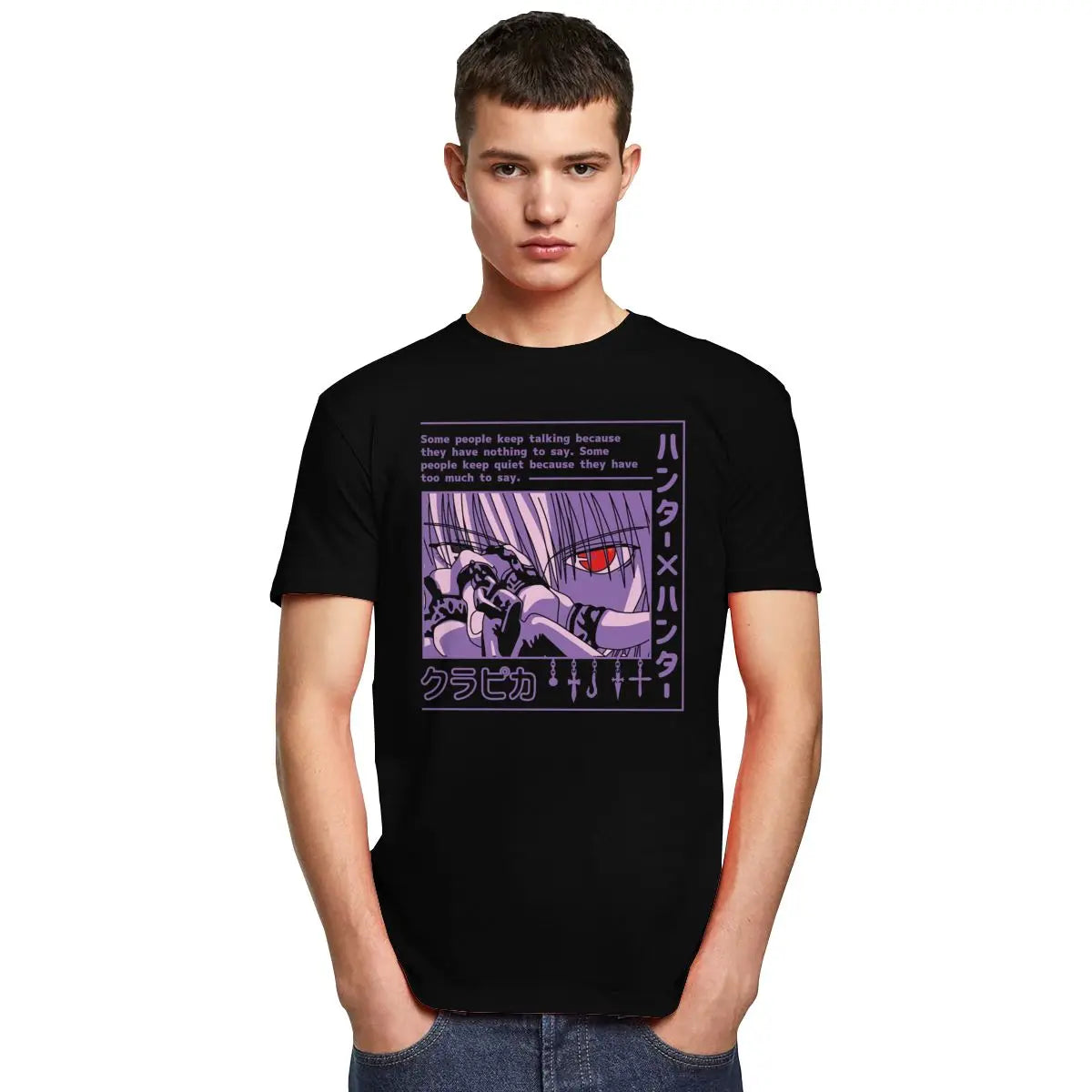 Black Hunter x Hunter men's short sleeve graphic tee lifestyle street style look | TeenStylo
