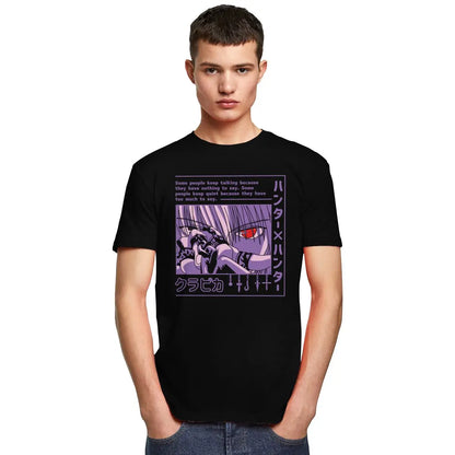 Black Hunter x Hunter men's short sleeve graphic tee lifestyle street style look | TeenStylo