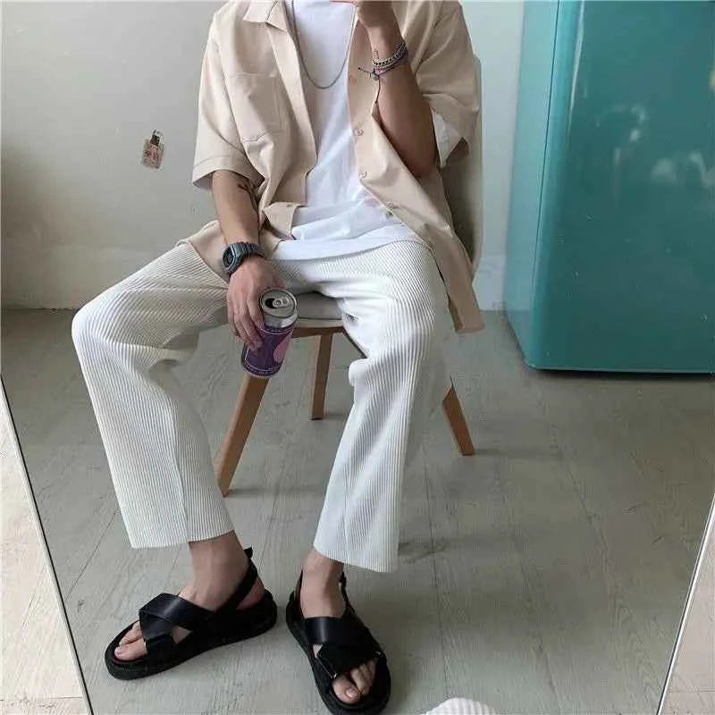 Pleated Men Asian Size Summer Casual Wide Leg Ice Silk Pants Loose Japanese Streetwear Trousers
