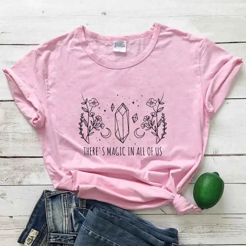 There Is Magic In All Of Us T Shirt Aesthetic Crystal Moon Wiccan Graphic Tee For Women Vintage Short Sleeve Witch Top