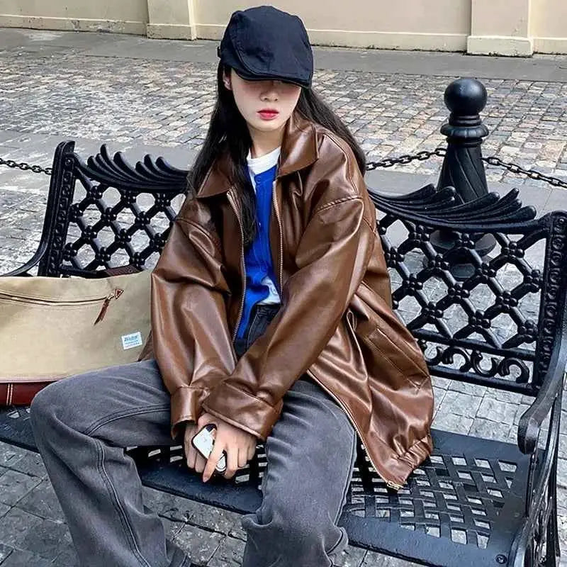 Korean Black Leather Jacket Women Winter Long Moto Biker Zipper Streetwear Harajuku Y2K Loose Coat 2023