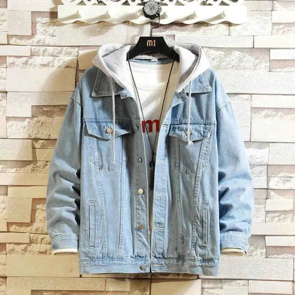 Mens Hooded Denim Jacket Casual Streetwear Solid Color Turn Down Collar Detachable Hood Jeans Coat