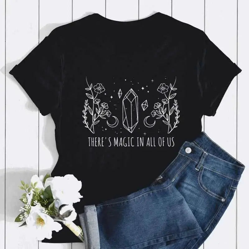 There Is Magic In All Of Us T Shirt Aesthetic Crystal Moon Wiccan Graphic Tee For Women Vintage Short Sleeve Witch Top