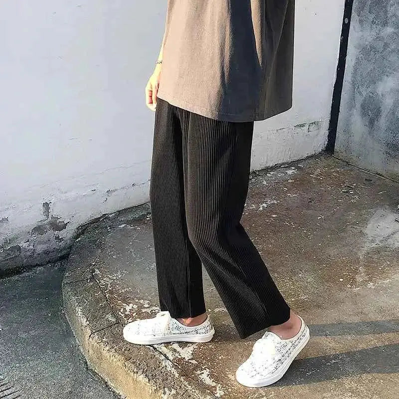 Pleated Men Asian Size Summer Casual Wide Leg Ice Silk Pants Loose Japanese Streetwear Trousers