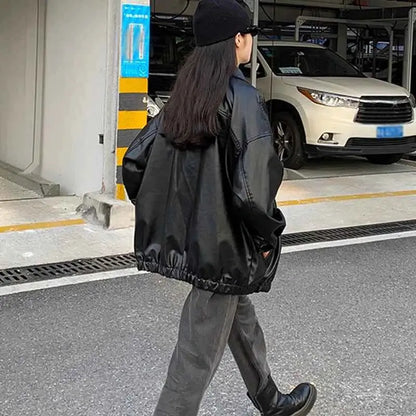 Korean Black Leather Jacket Women Winter Long Moto Biker Zipper Streetwear Harajuku Y2K Loose Coat 2023