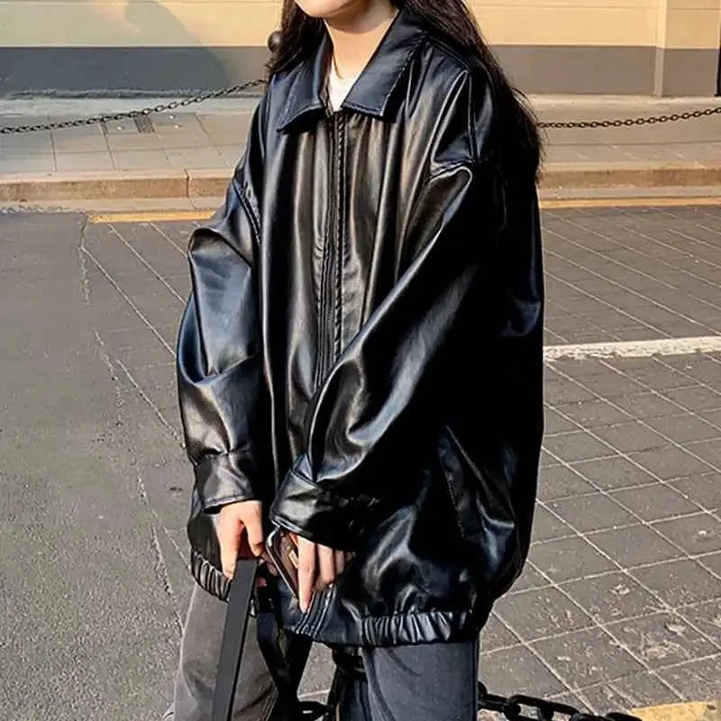 Korean Black Leather Jacket Women Winter Long Moto Biker Zipper Streetwear Harajuku Y2K Loose Coat 2023