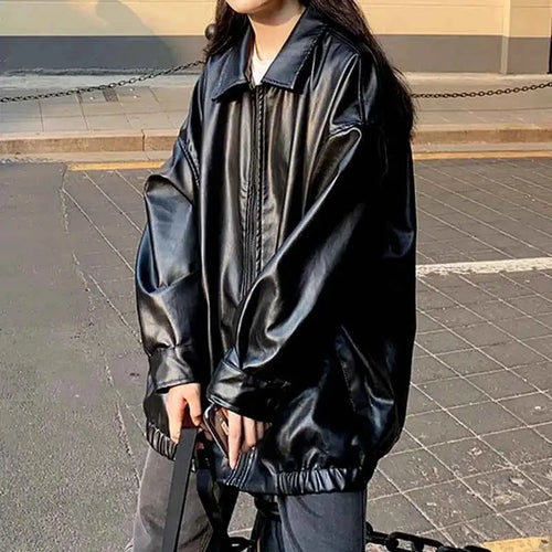 Korean Black Leather Jacket Women Winter Long Moto Biker Zipper Streetwear Harajuku Y2K Loose Coat 2023
