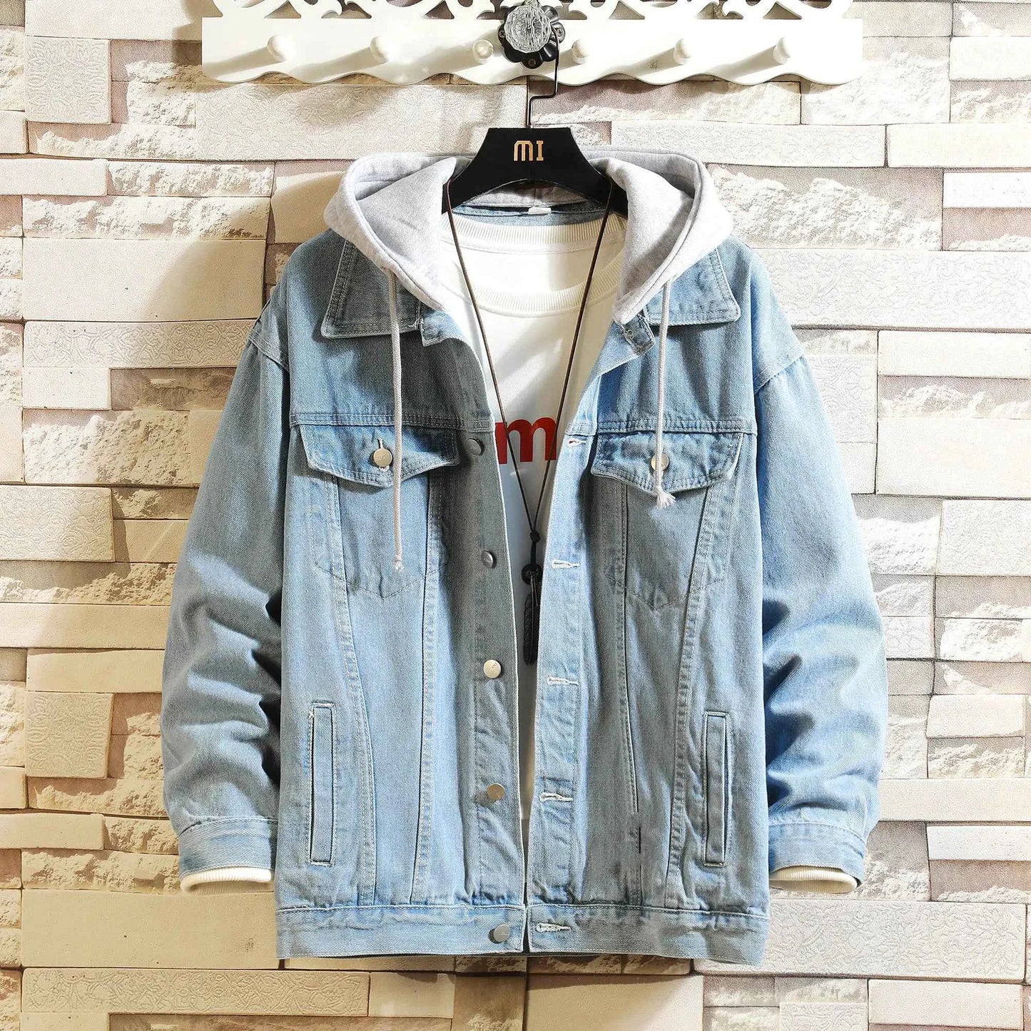 Mens Hooded Denim Jacket Casual Streetwear Solid Color Turn Down Collar Detachable Hood Jeans Coat