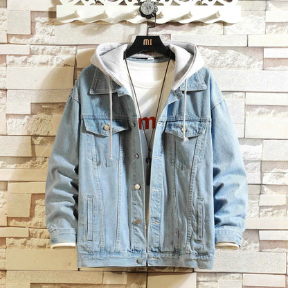 Mens Hooded Denim Jacket Casual Streetwear Solid Color Turn Down Collar Detachable Hood Jeans Coat