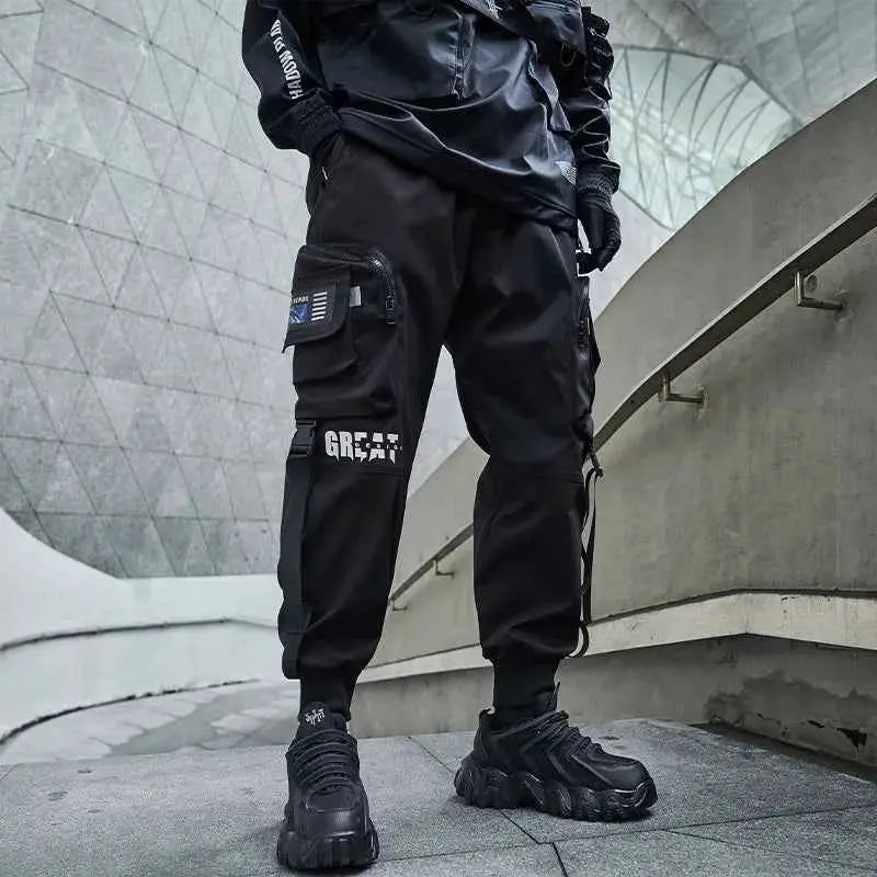 Men Cargo Joggers With Ribbons Pockets Harajuku Streetwear Sweatpants Hip Hop Trousers