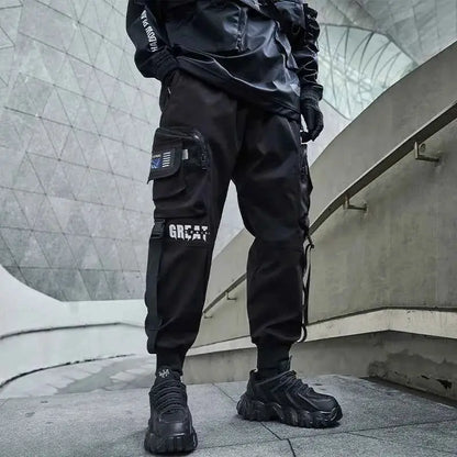 Men Cargo Joggers With Ribbons Pockets Harajuku Streetwear Sweatpants Hip Hop Trousers