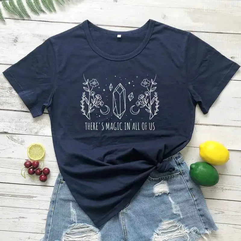 There Is Magic In All Of Us T Shirt Aesthetic Crystal Moon Wiccan Graphic Tee For Women Vintage Short Sleeve Witch Top