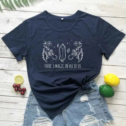 There Is Magic In All Of Us T Shirt Aesthetic Crystal Moon Wiccan Graphic Tee For Women Vintage Short Sleeve Witch Top