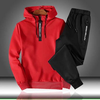 Men's red hooded tracksuit set lifestyle shot, Y2K streetwear style autumn winter sweatshirt - TeenStylo