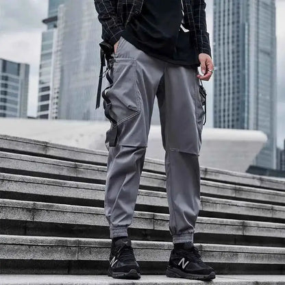 Men Cargo Joggers With Ribbons Pockets Harajuku Streetwear Sweatpants Hip Hop Trousers